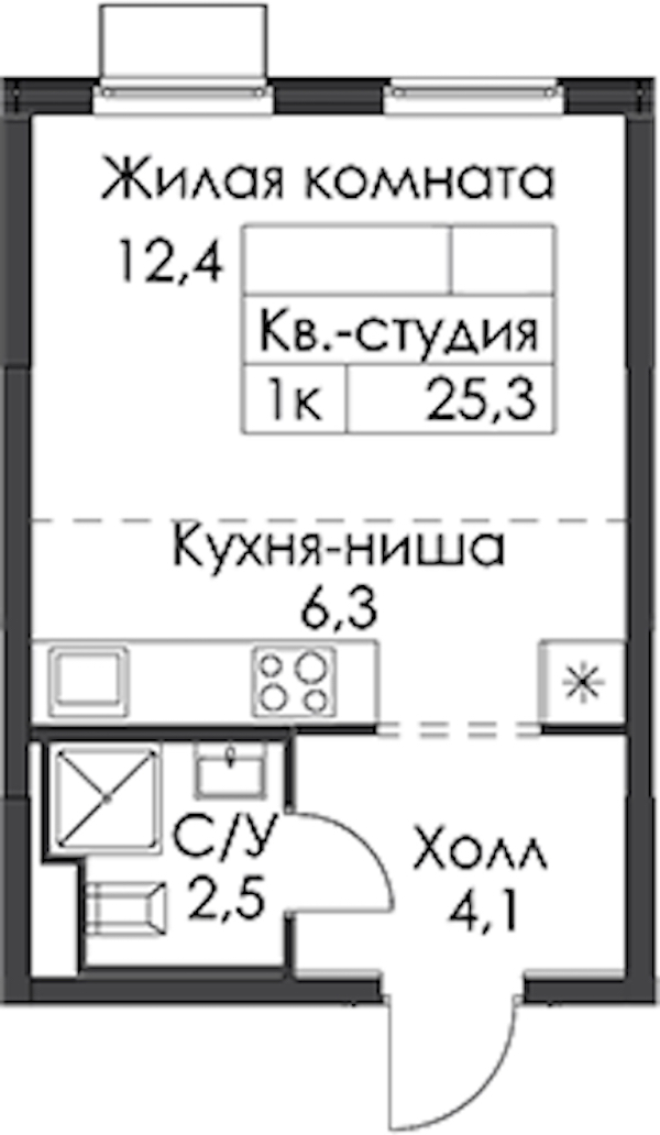 Квартира студия 25.3 м², 5/24 эт., ЖК «Заречный парк»